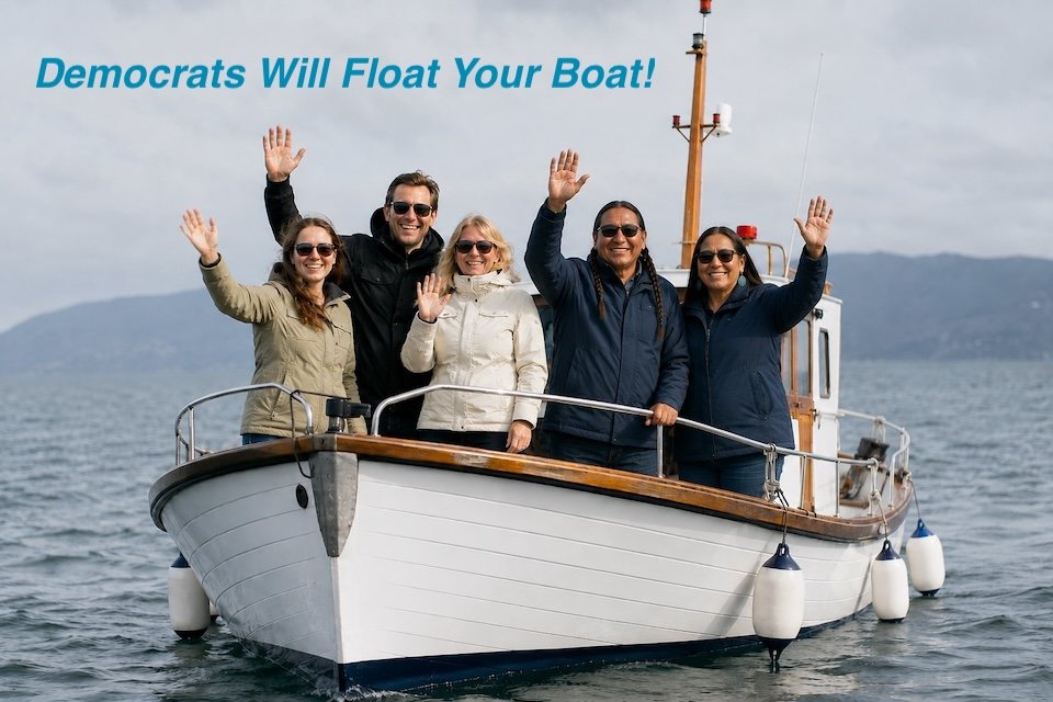 A picture of five people standing in a small boat and waving.