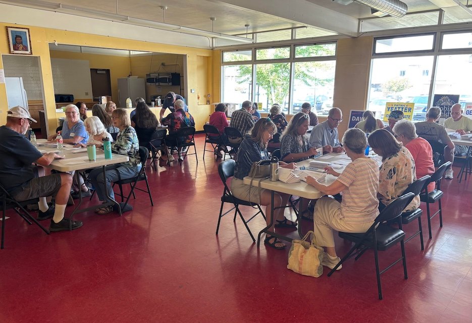 Lewis County Democrats working at a "letter stuffing party" in Kamiah on August 8. They were preparing letters with voter registration forms to be mailed to unregistered voters. This was part of a campaign by the Idaho Democratic Party to reach out to nearly 45,000 unregistered voters.